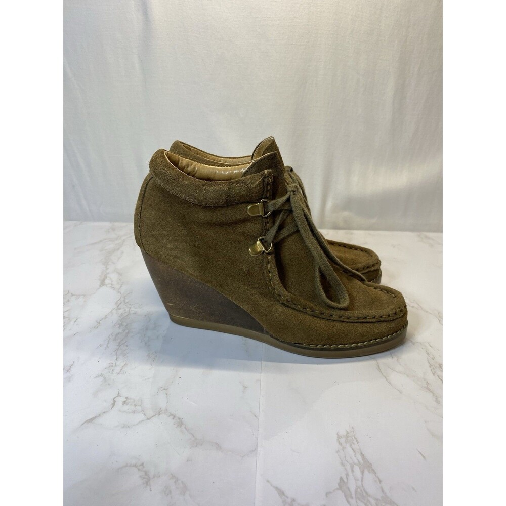 Very Volatile Moby Brown Green Suede Stacked Wedge Boot Women's Size 6 Lace Up - Picture 2 of 10